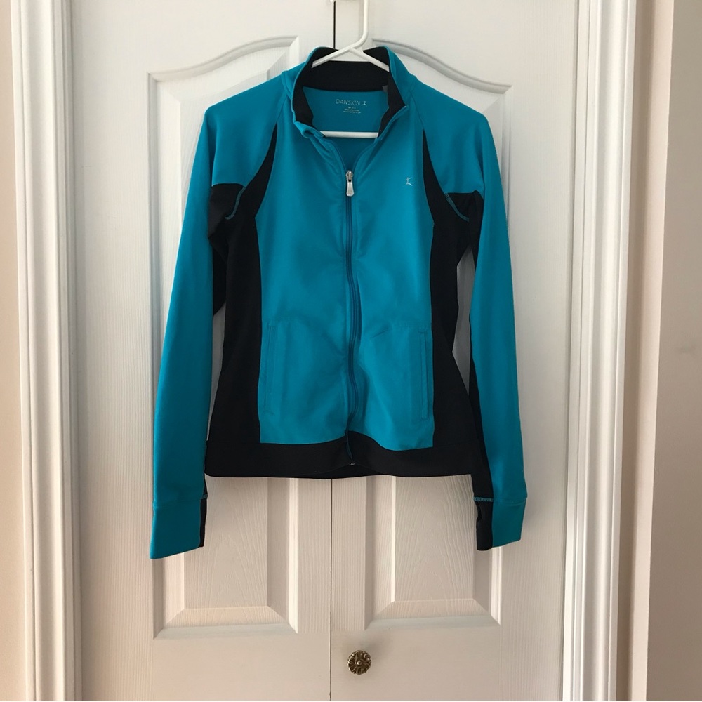 DANSKIN Full Zip Jacket Ladies Teak/Black Thumb Holes Pockets Size Small